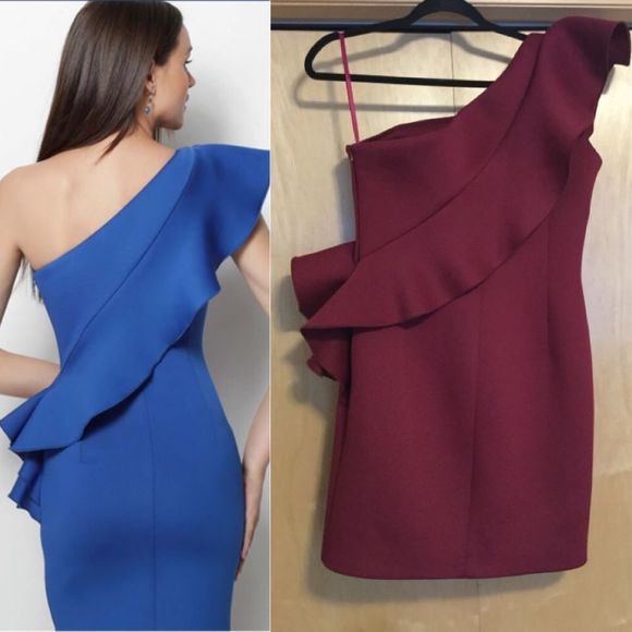 Jovani 63580 One Shoulder Short Dress Burgundy… - Picture 9 of 10